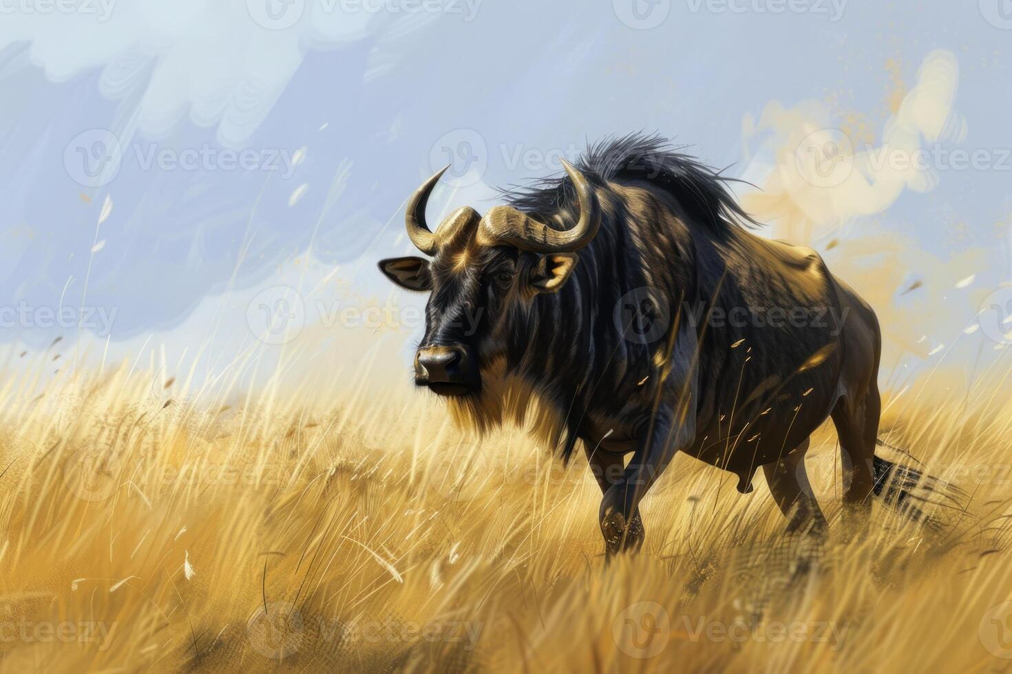 Large black wildebeest walking through tall grass photo