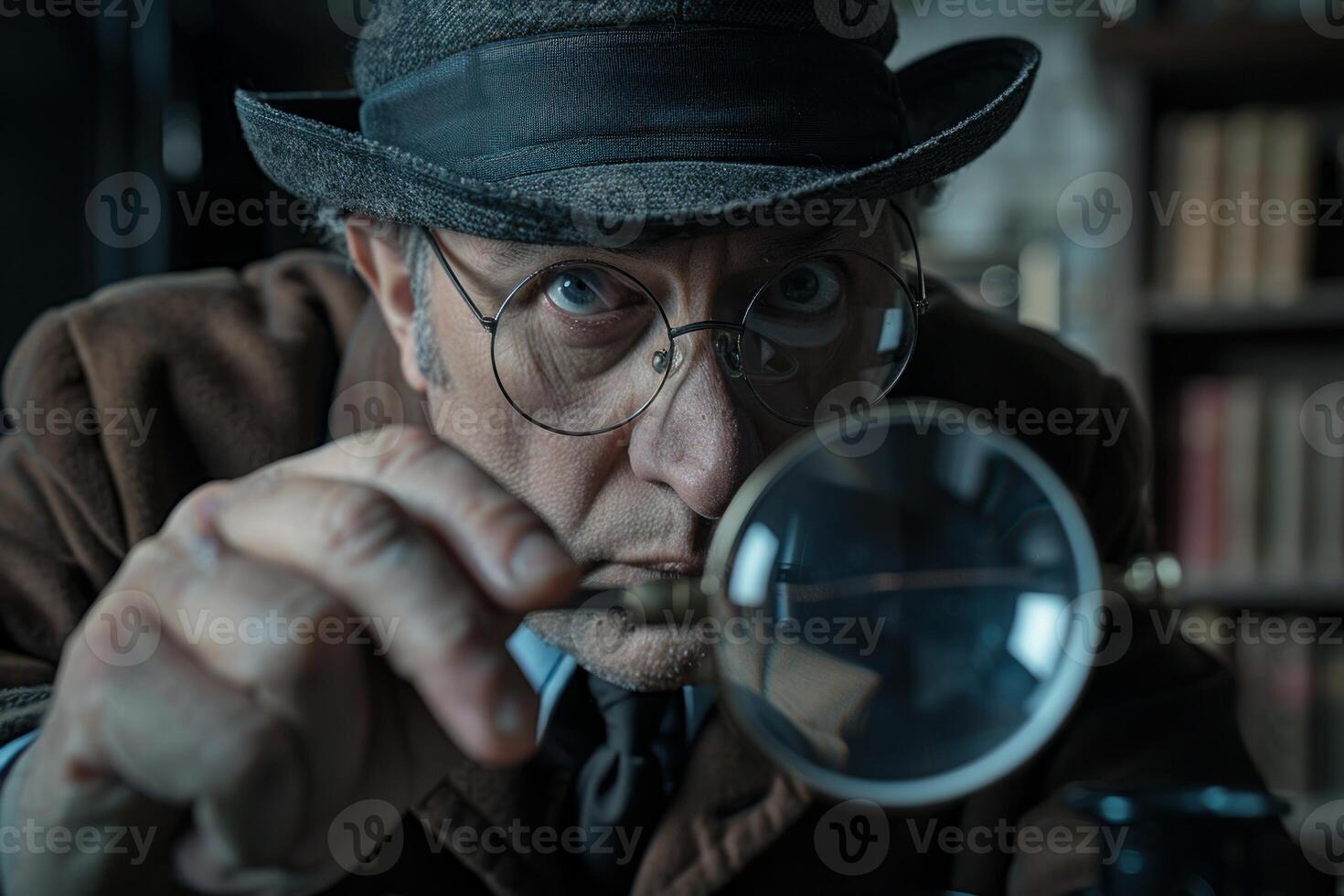 Detective looking through magnifying glass solving a case photo