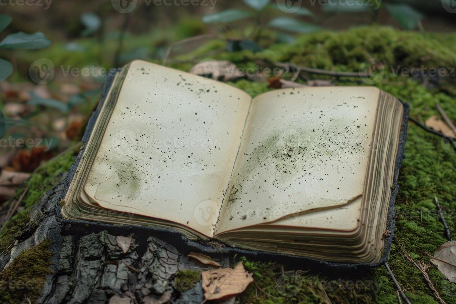 Ancient book lying open on mossy tree trunk in forest photo