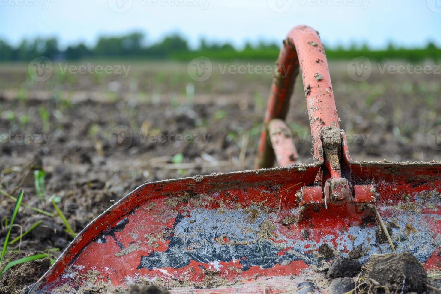 Rusty red plow lying on the ground in a plowed field photo