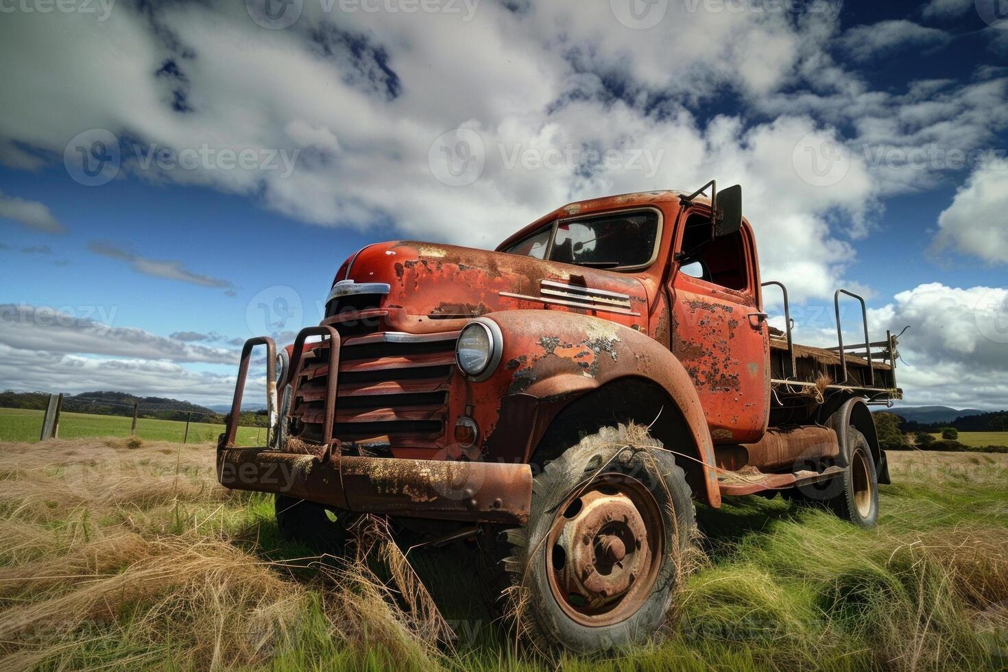 Old red rusty pickup truck rusting away in field photo