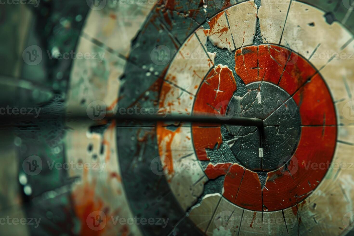 Arrow hitting the center of an old target showing signs of wear and tear photo