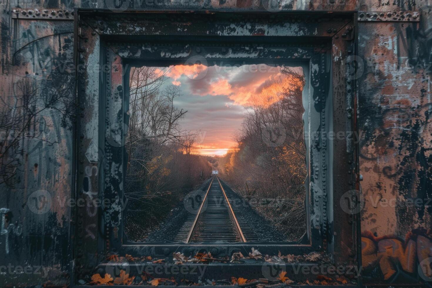 Old rusty metal structure framing railroad tracks leading to sunset photo