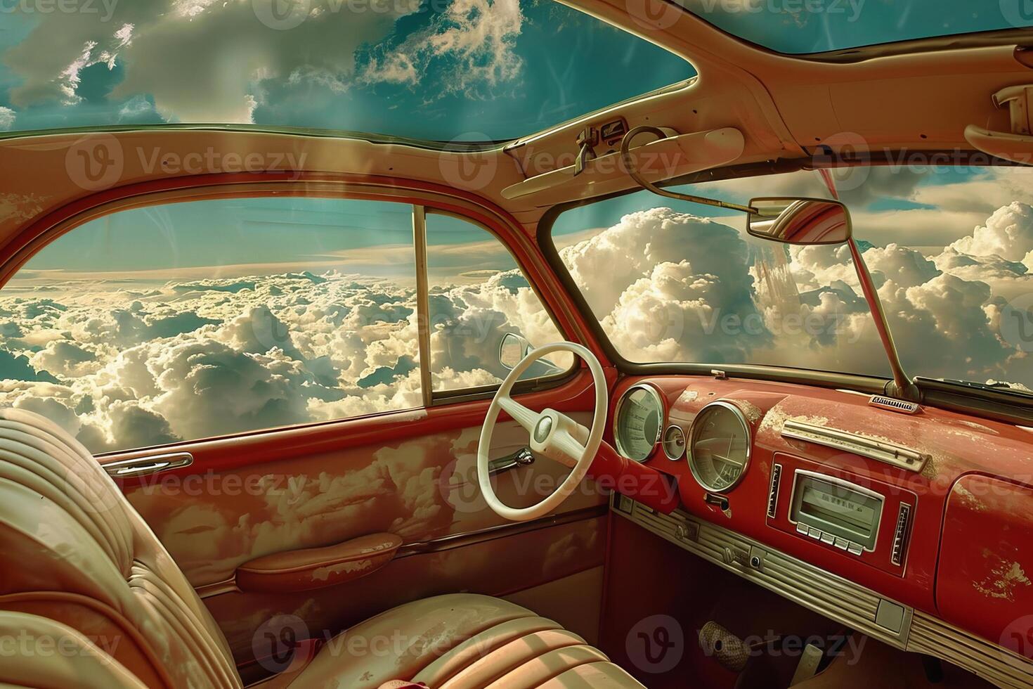 Red vintage car driving on clouds in a fantasy sky photo