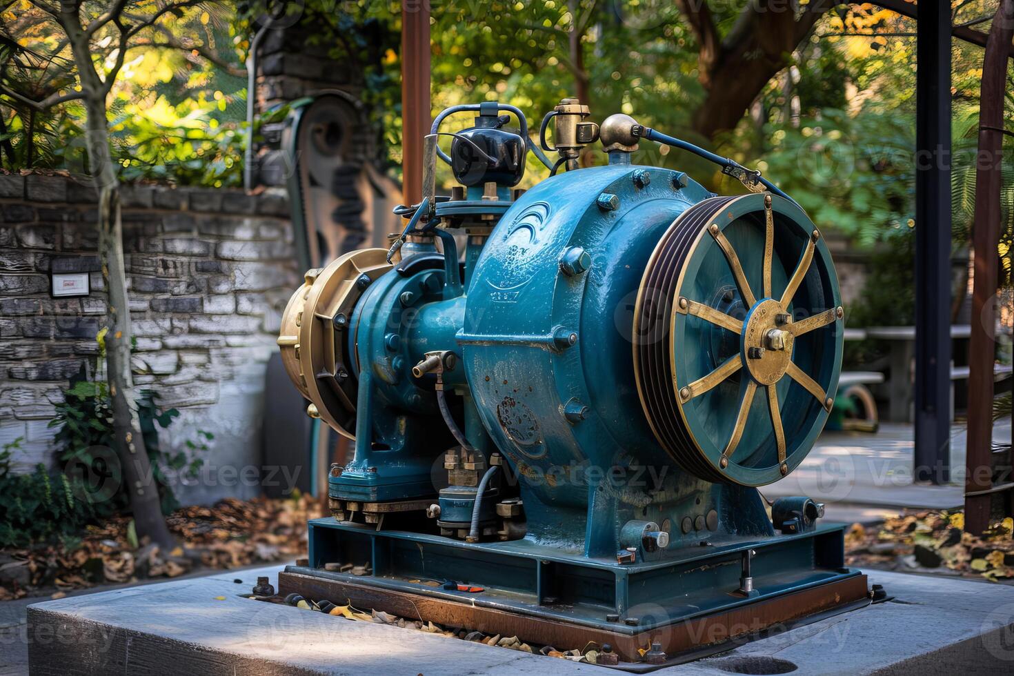 Old water pump standing outside on stone pedestal in garden photo