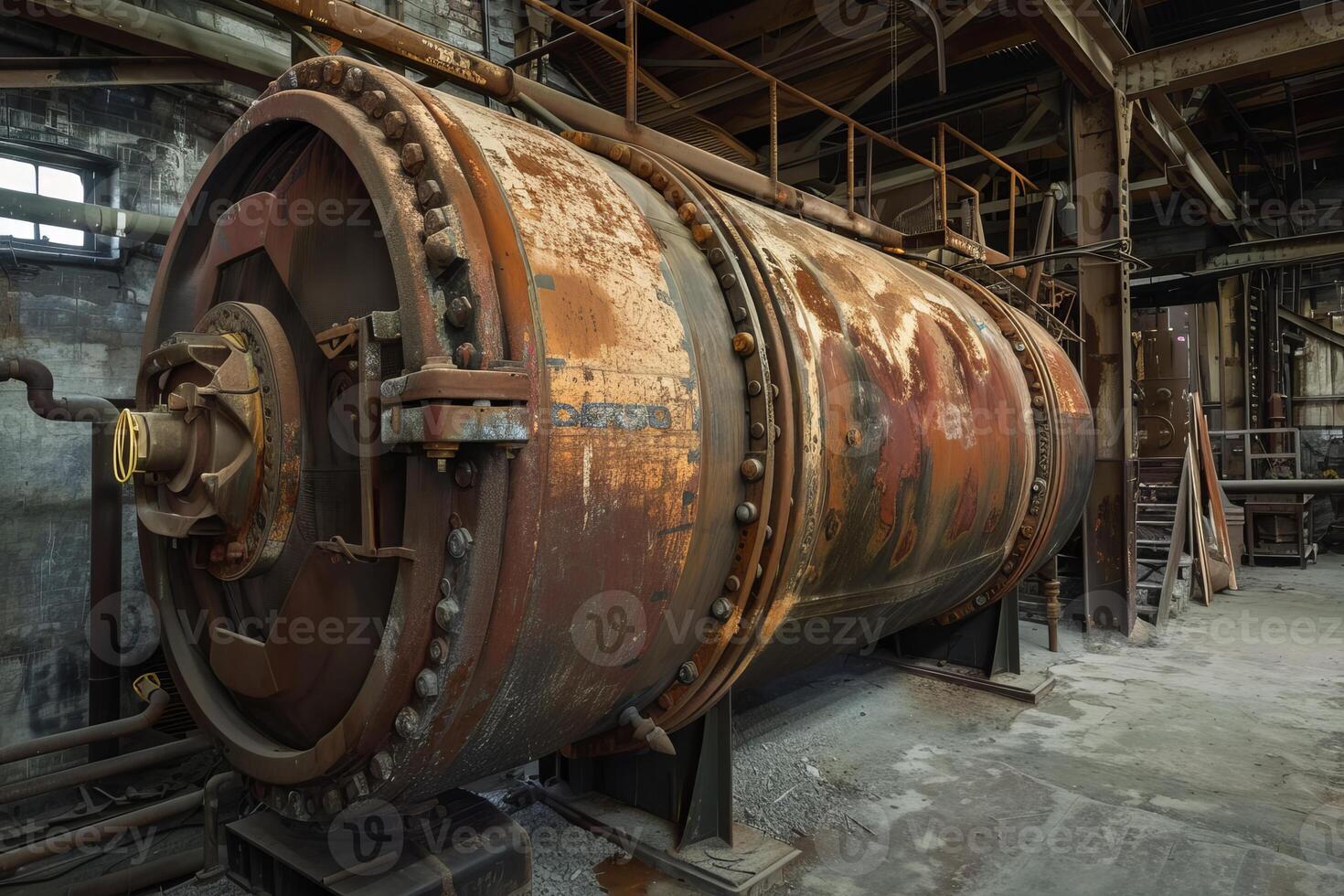 Large rusty industrial autoclave inside abandoned factory building photo