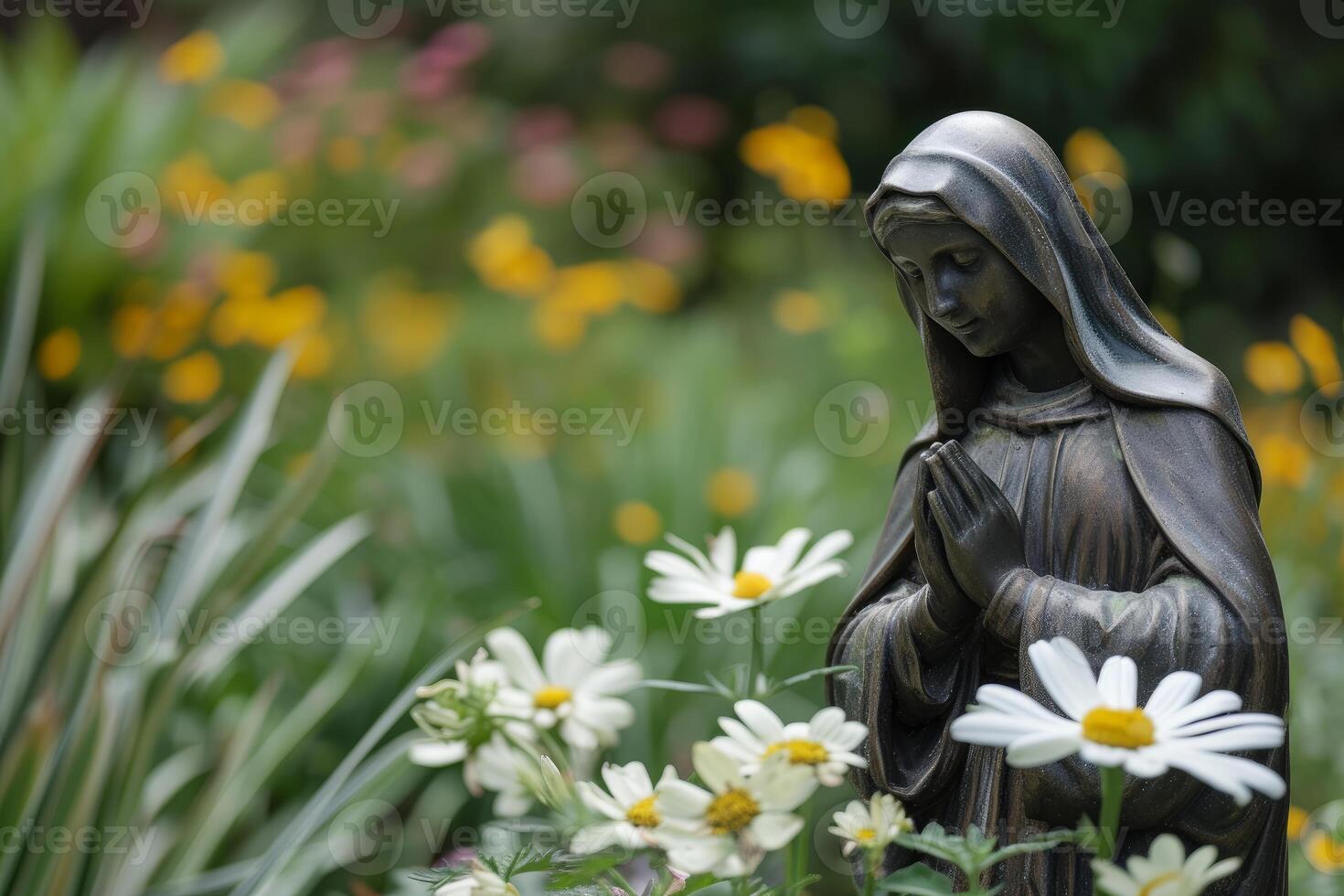Serene garden statue of praying woman photo
