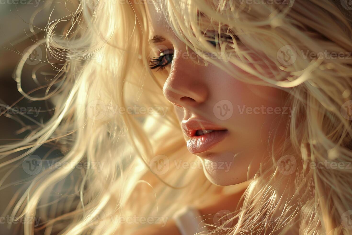 Beautiful blond woman with long hair flowing in the wind posing at sunset photo