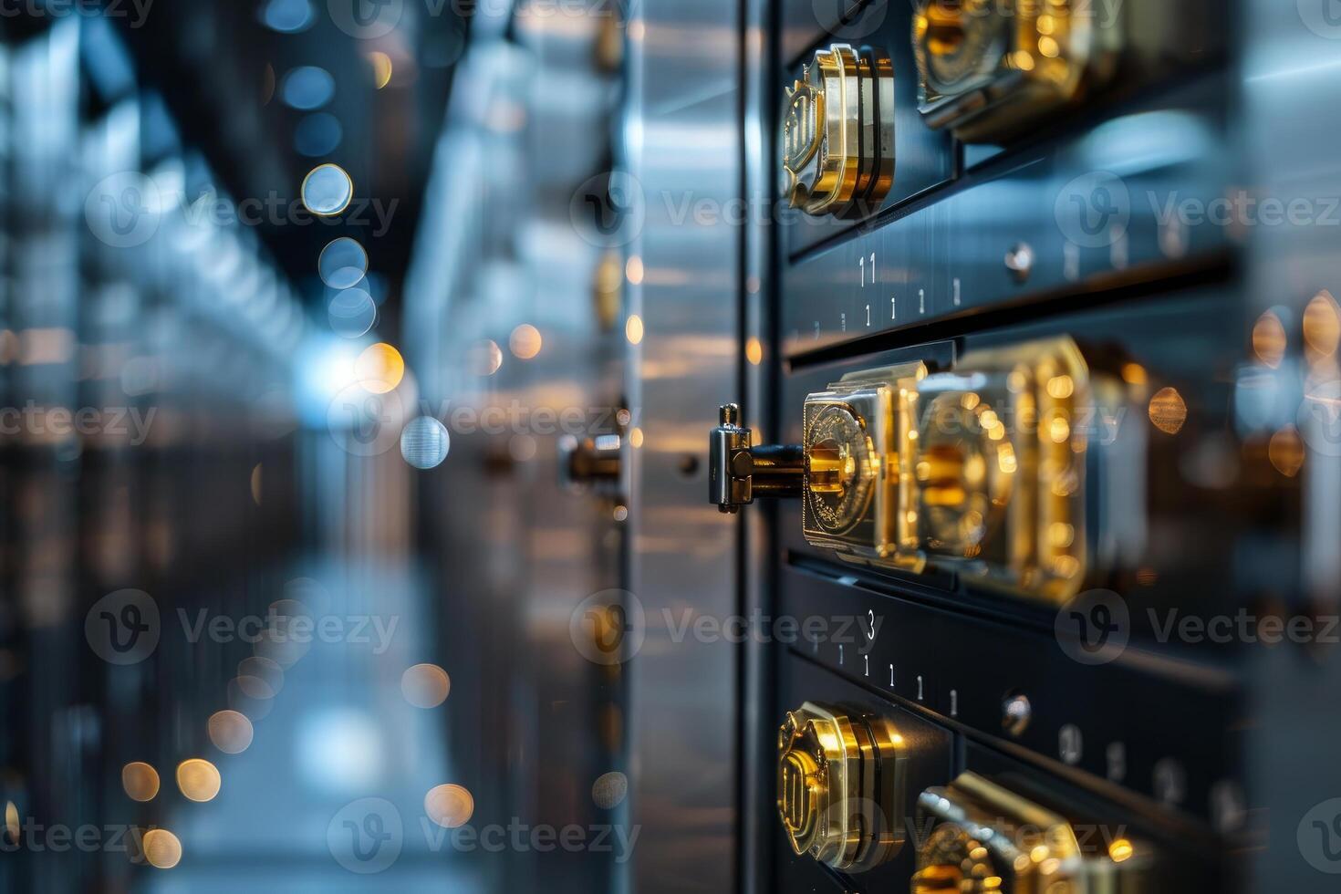 Close up of a row of safety deposit boxes with golden locks in a secure vault photo