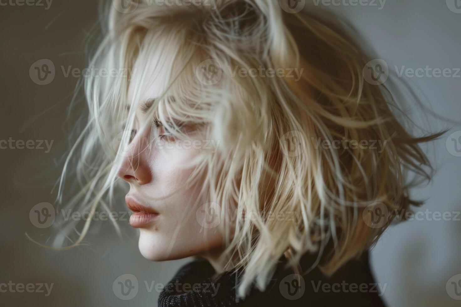 Beautiful young woman posing with wind blowing through blonde hair photo