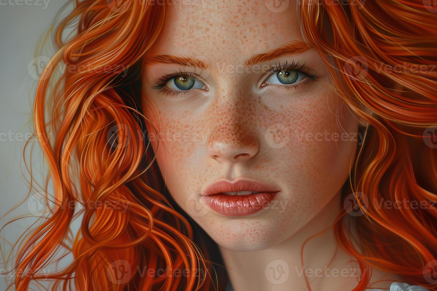 Beautiful redhead woman with freckles and green eyes posing with long curly ginger hair photo