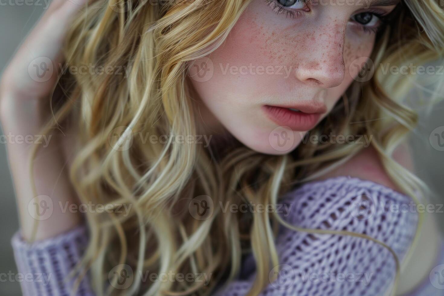 Young woman with freckles touching her blond hair photo