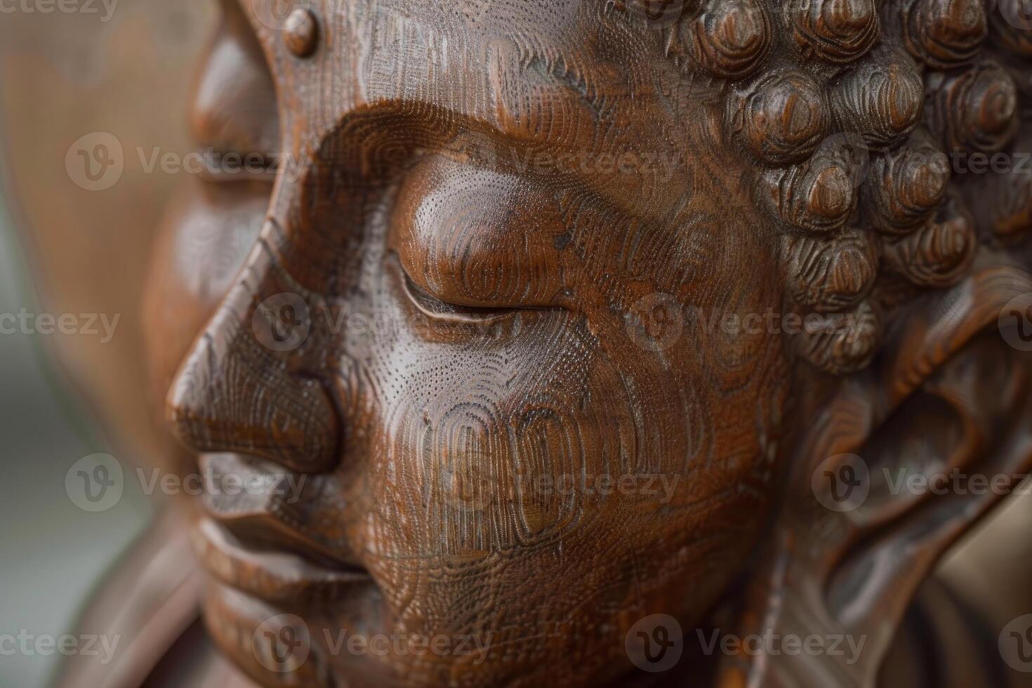 Wooden buddha statue face showing spiritual serenity photo