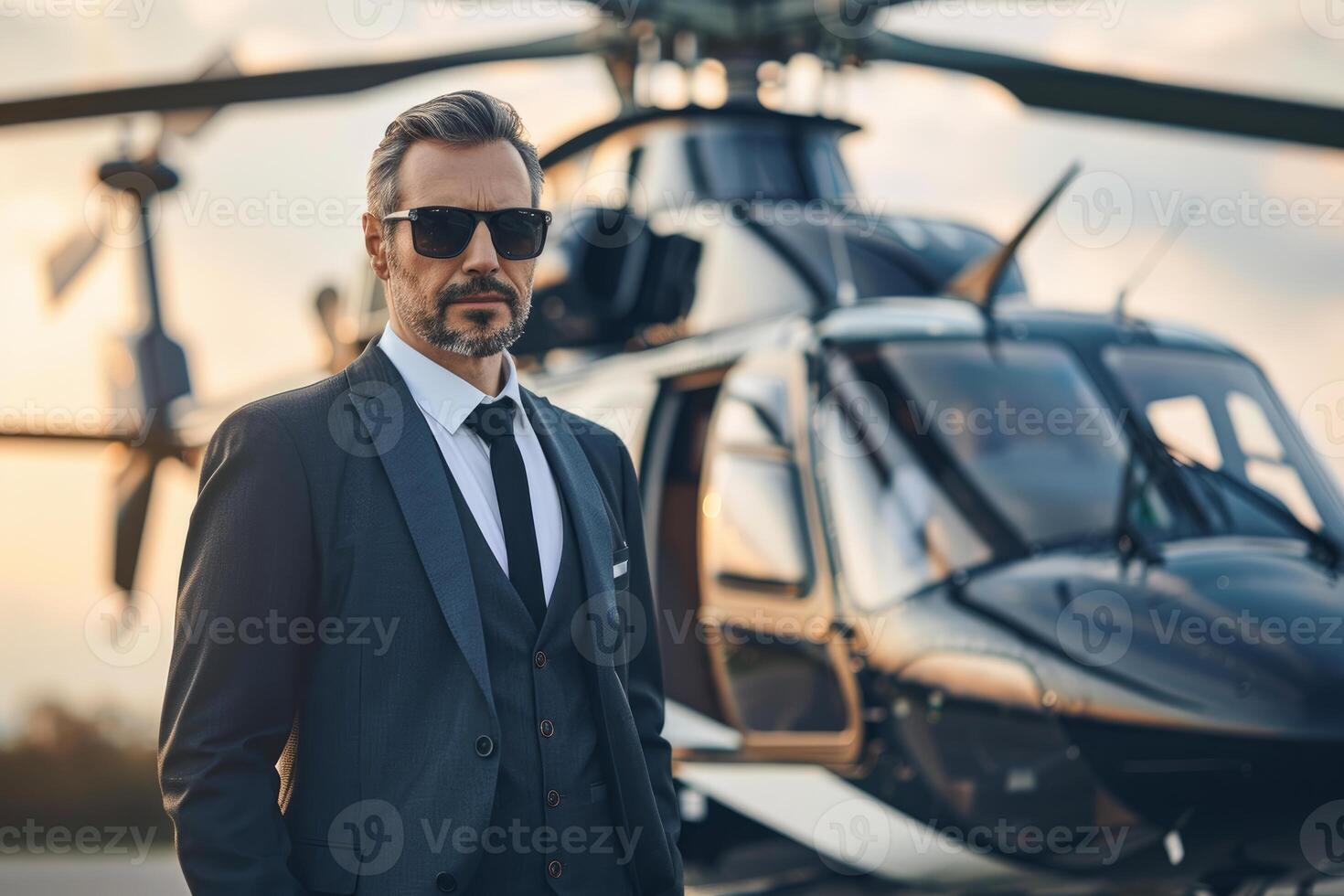 Businessman wearing sunglasses standing near private helicopter photo