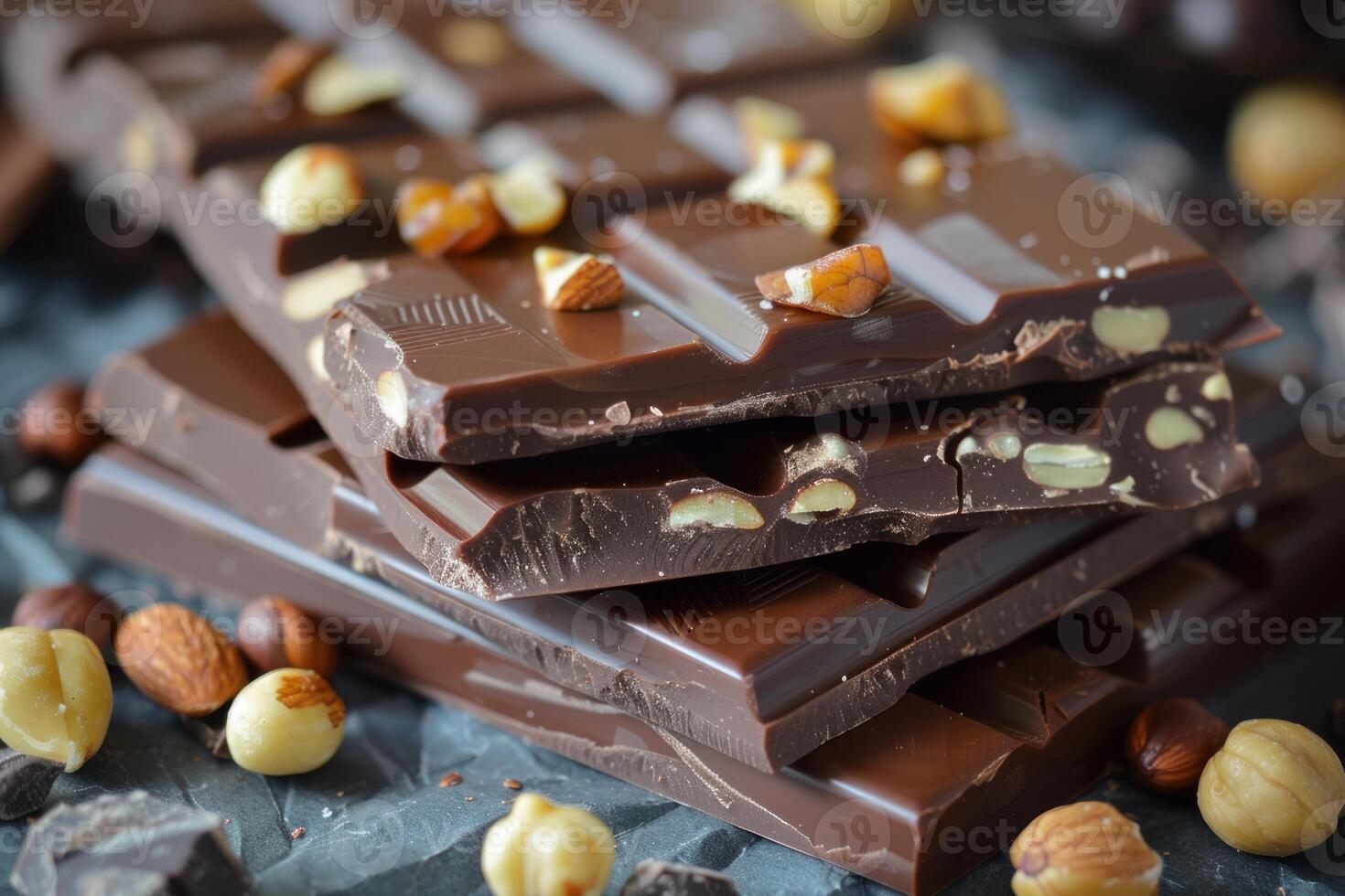 Stack of dark chocolate with hazelnuts and almonds on dark background photo