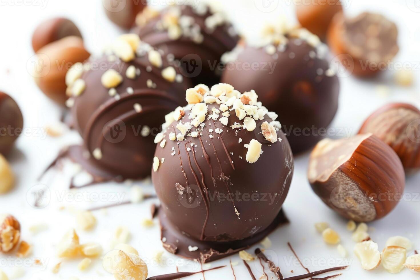 Chocolate hazelnut truffles covered in chopped nuts on white background photo