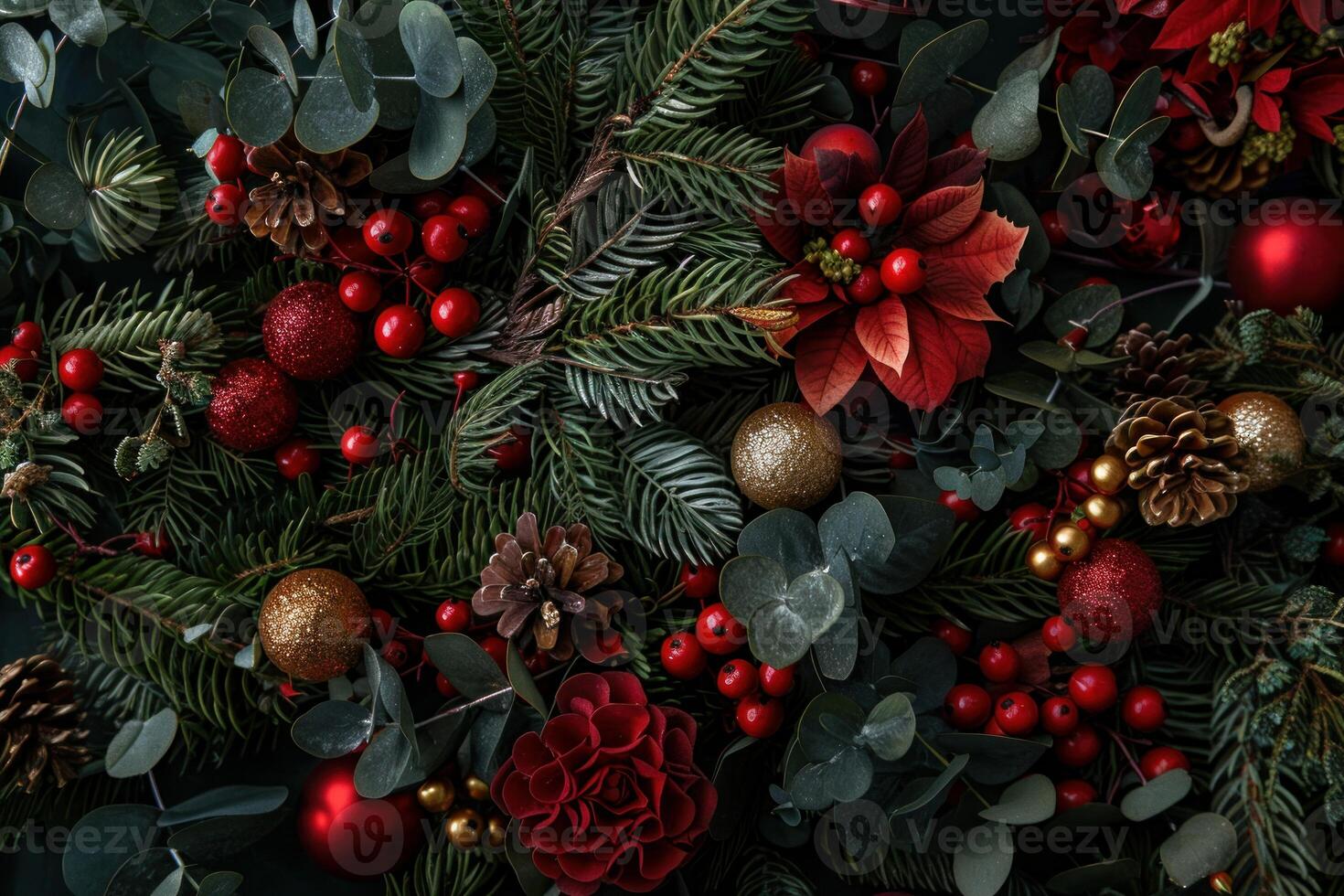 Christmas background featuring red flowers, green fir branches, red berries and golden christmas balls photo