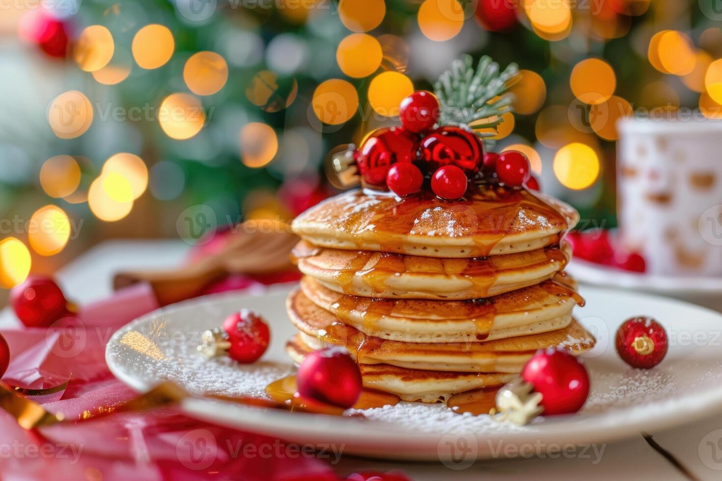 Stack of delicious pancakes with maple syrup for christmas breakfast photo