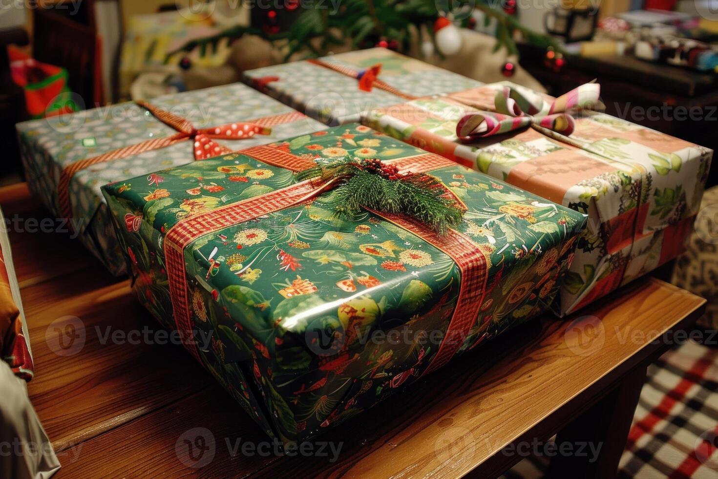 Christmas presents wrapped in colorful paper sitting on wooden table photo