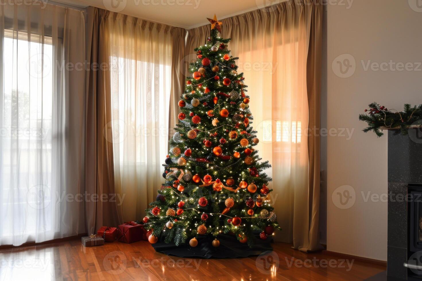 Christmas tree standing next to window in cozy living room photo