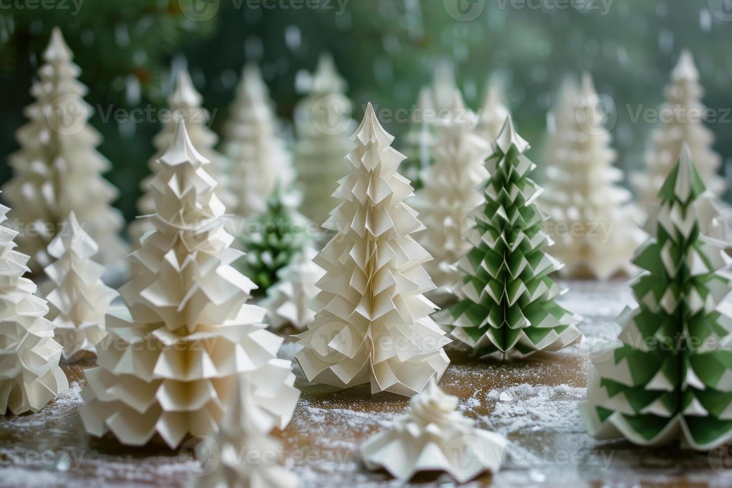 Paper christmas trees standing on a table with snow falling photo