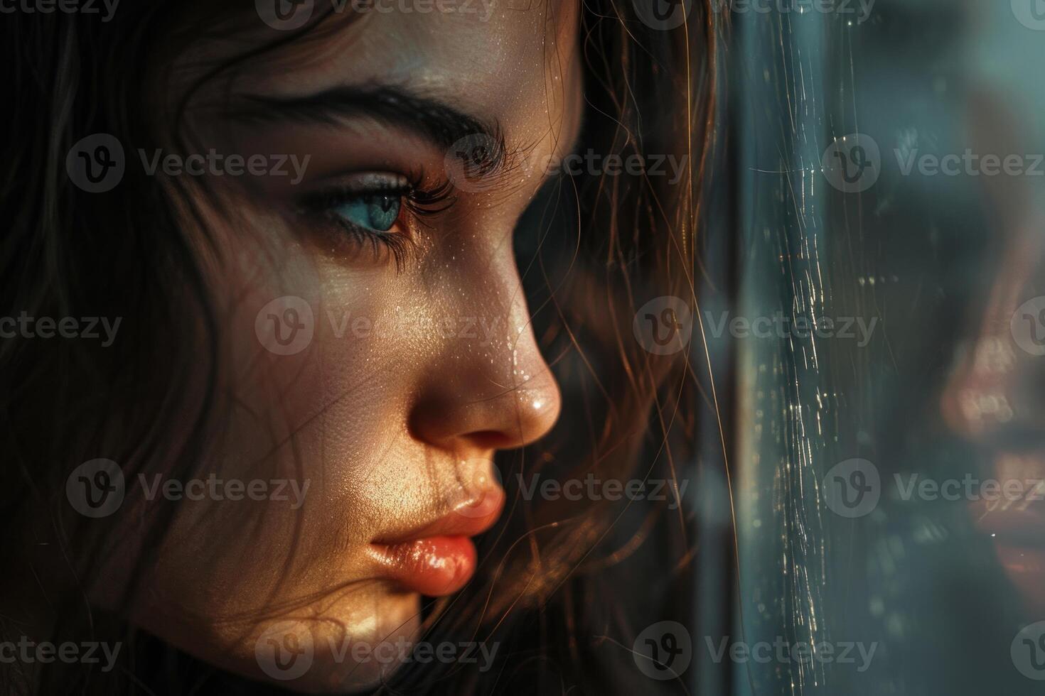 Beautiful young woman with blue eyes looking through window photo