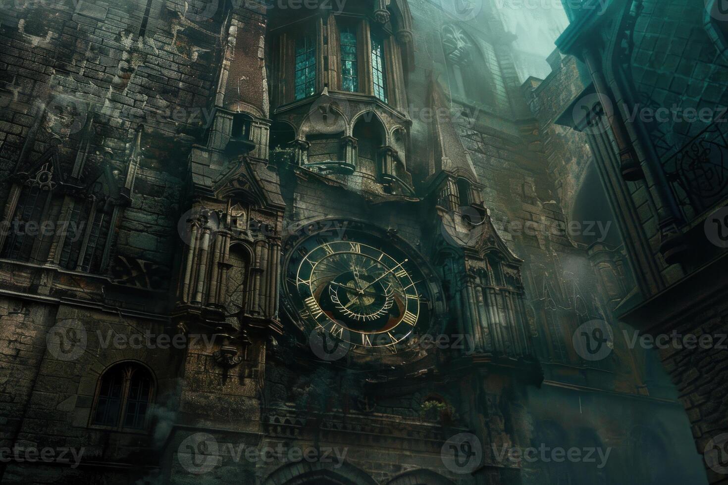 Ancient clock telling time on old gothic building photo
