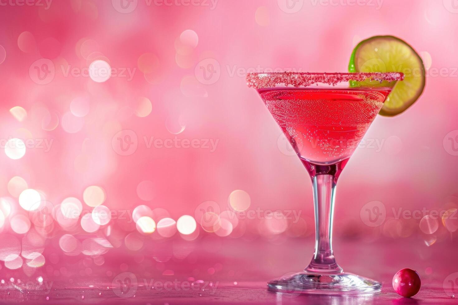 Pink cocktail standing on table with sparkling lights background photo