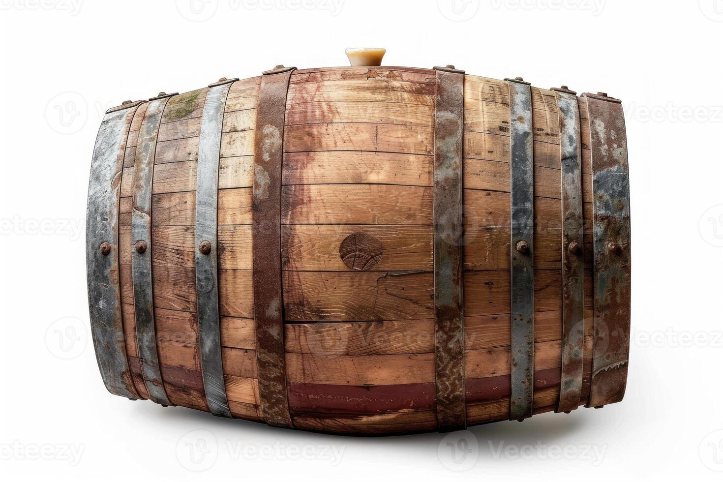 Old wooden wine barrel lying horizontally on white background photo