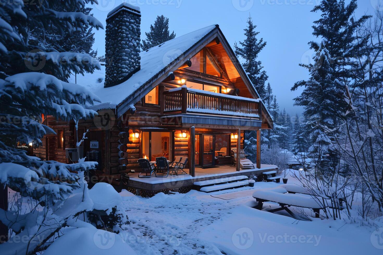 Cozy log cabin glowing at twilight in a snowy forest photo
