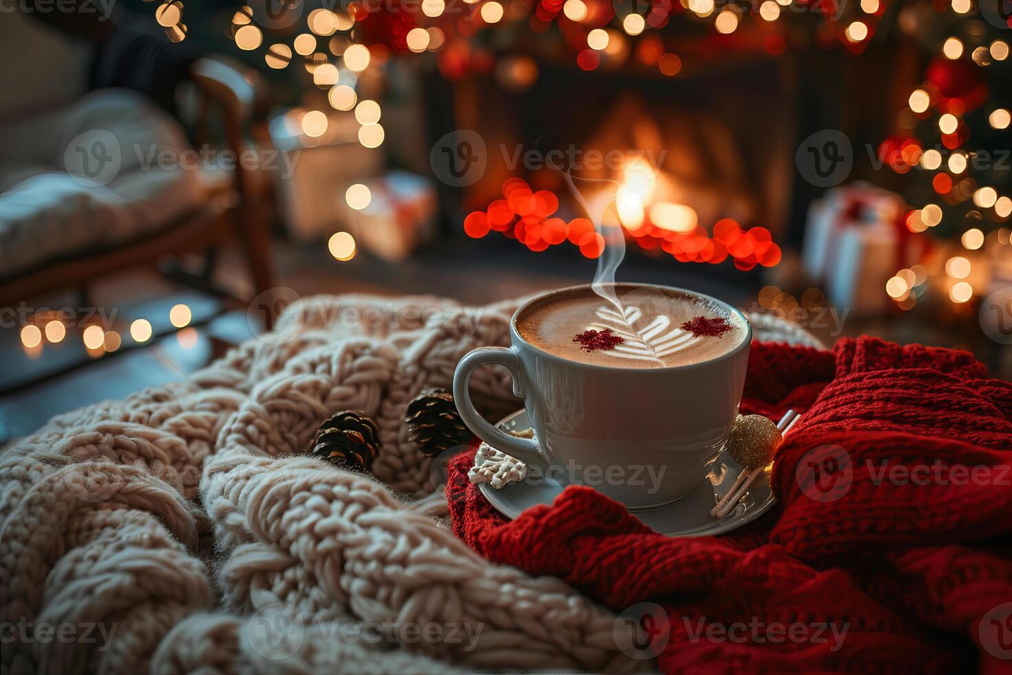 Steaming cup of christmas cappuccino near fireplace with knitted blanket photo