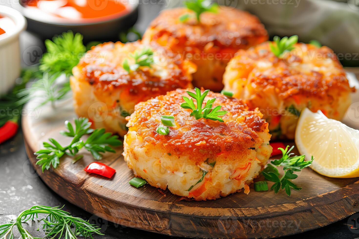 Delicious crab cakes being served on wooden platter photo