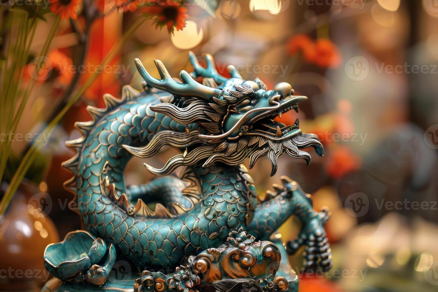 Blue chinese dragon statue standing on a pedestal photo