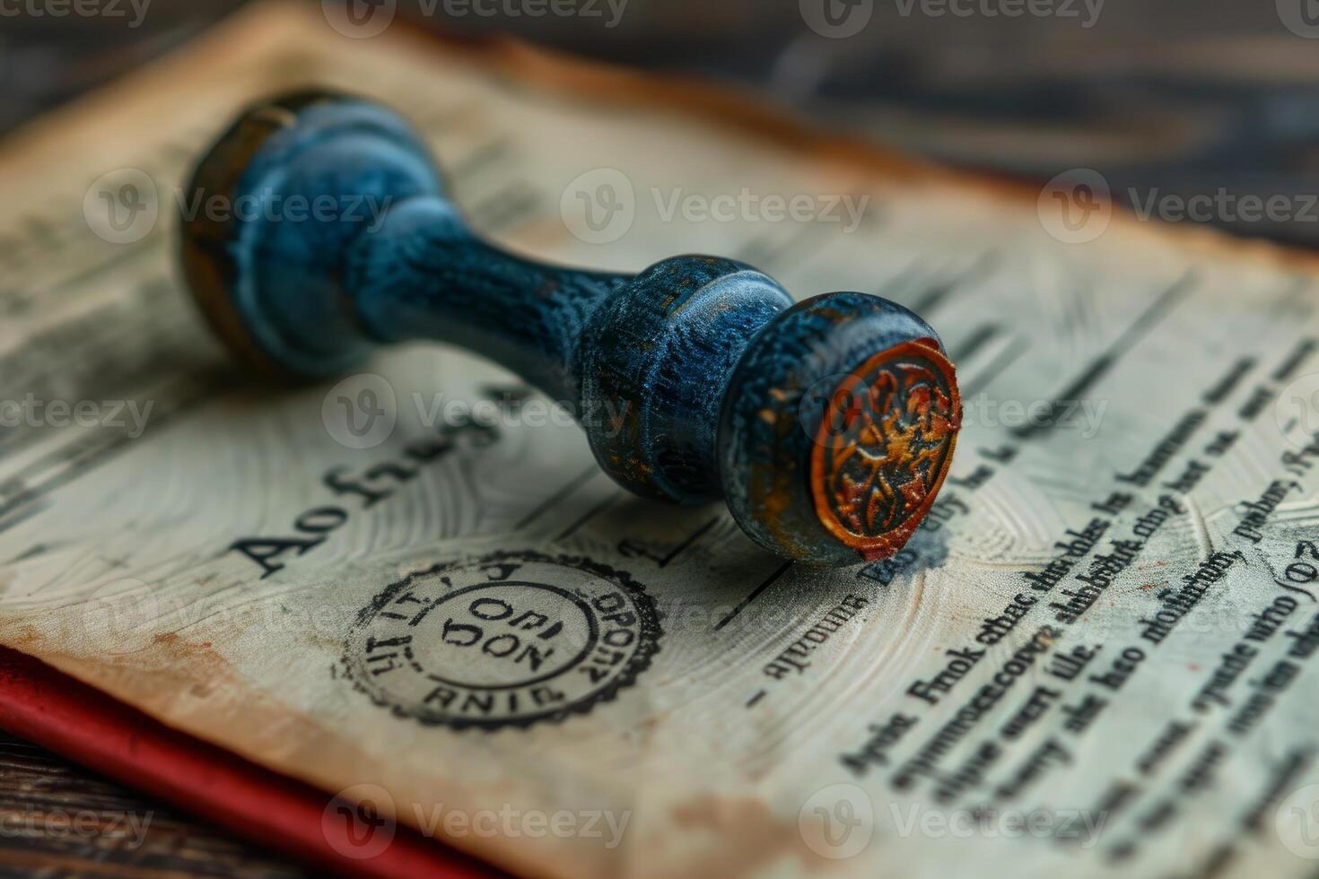 Old worn paper document with wax seal and stamp on wooden table photo