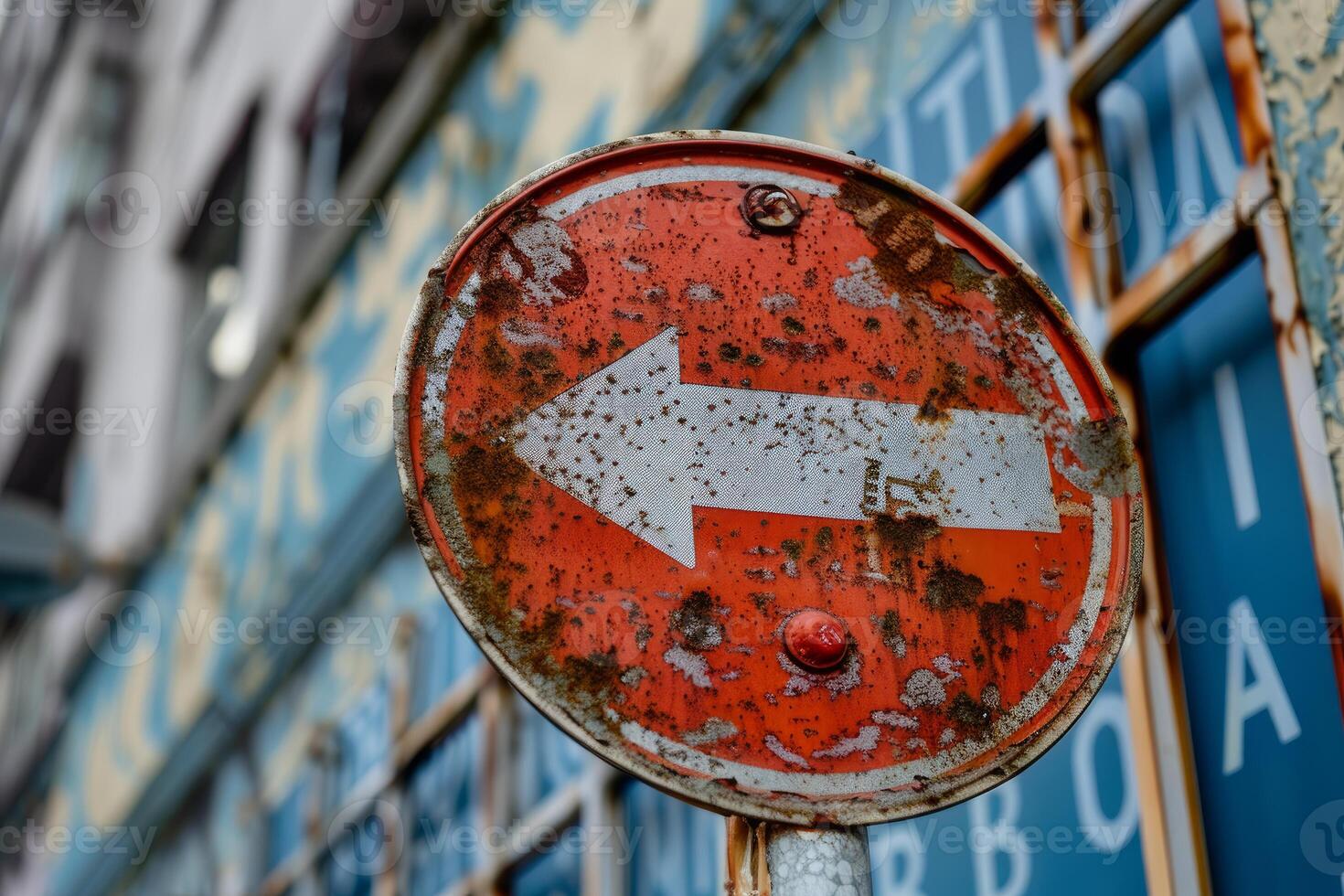 Rusty old one way street sign pointing left photo