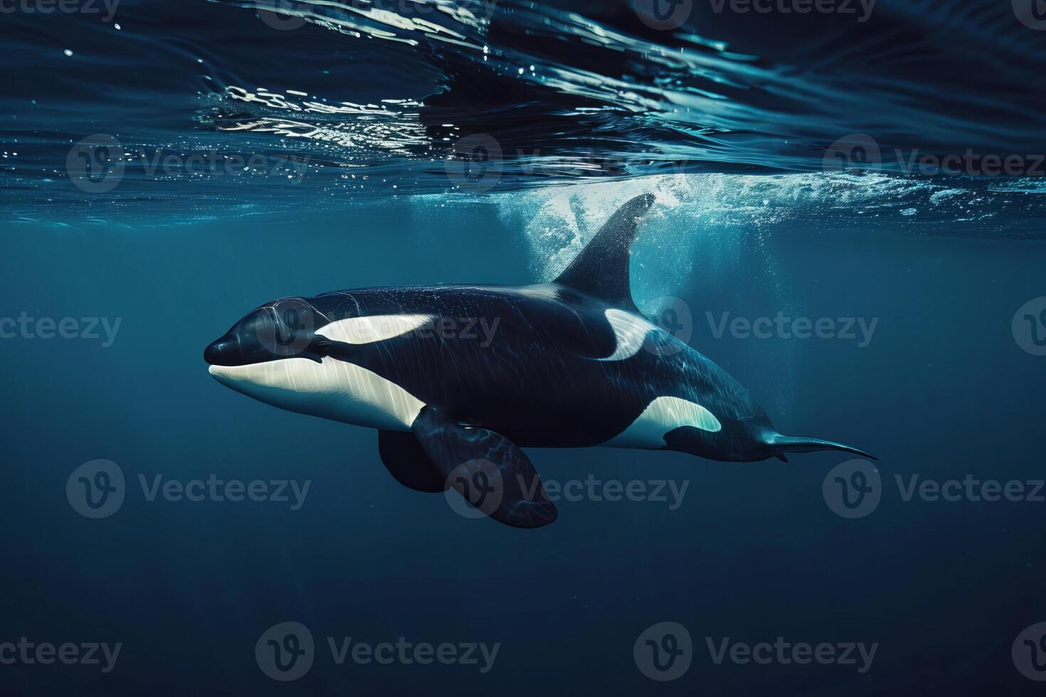 Killer whale swimming under water surface in blue ocean photo