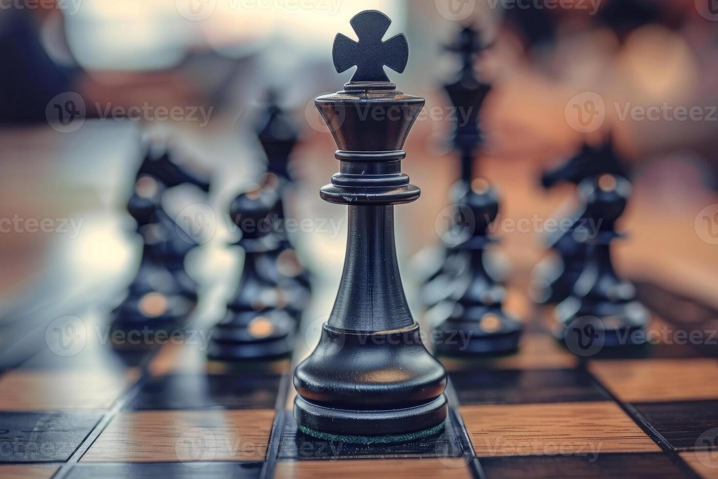 Black king chess piece standing on chessboard surrounded by other pieces with people playing in background photo