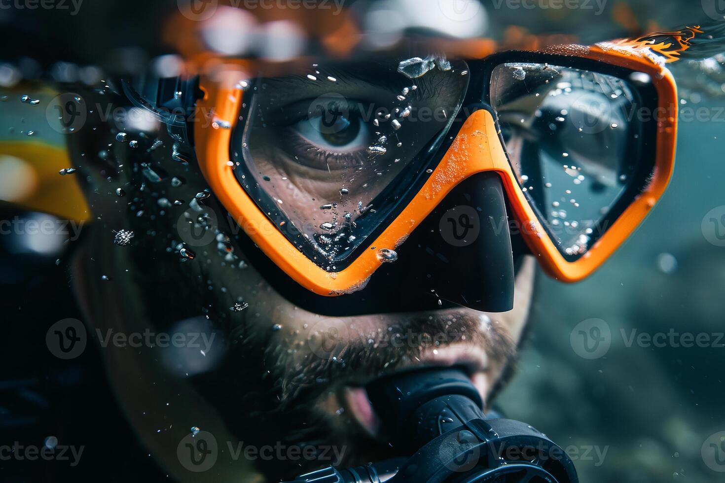 Diver wearing diving mask is exploring underwater sea world photo
