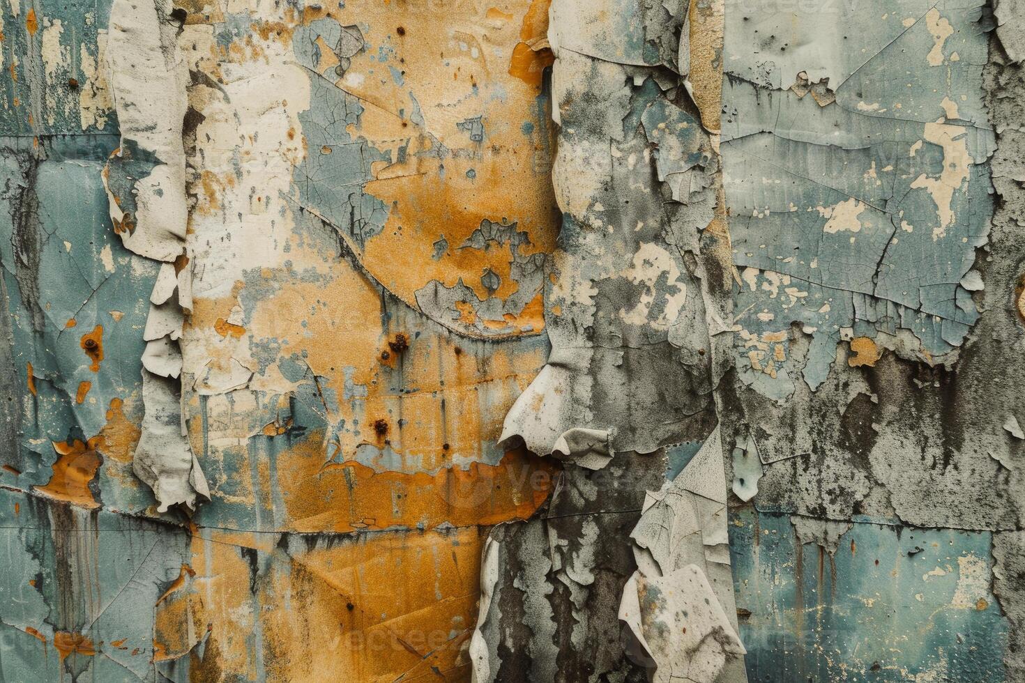 Old weathered metal surface showing colorful layers of paint peeling photo