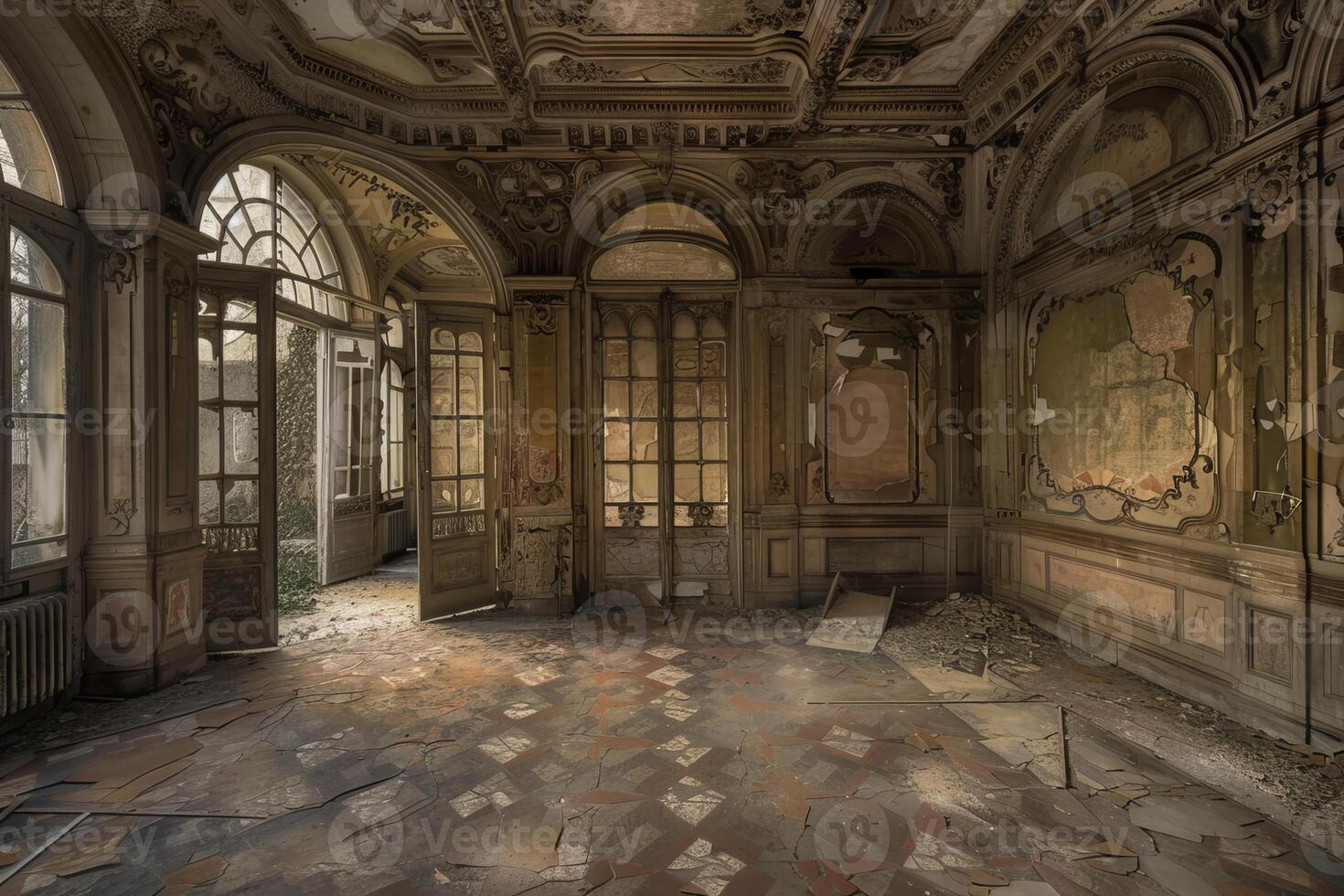 Abandoned palace ballroom interior falling into ruin and decay photo
