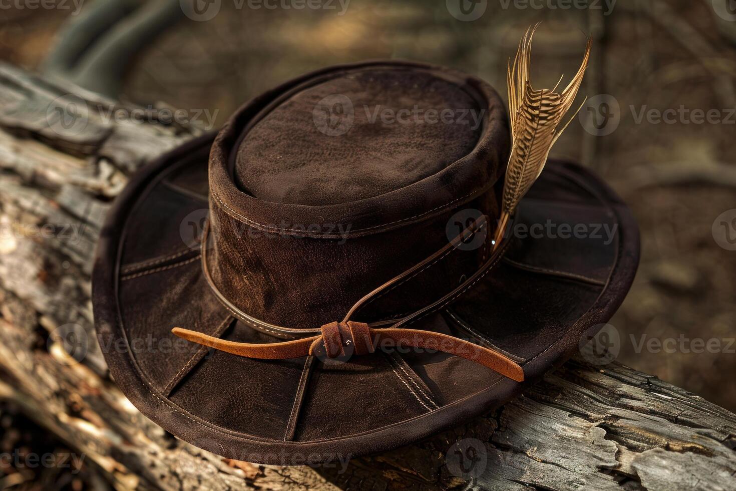 Elegant leather hat resting on a log in the woods photo