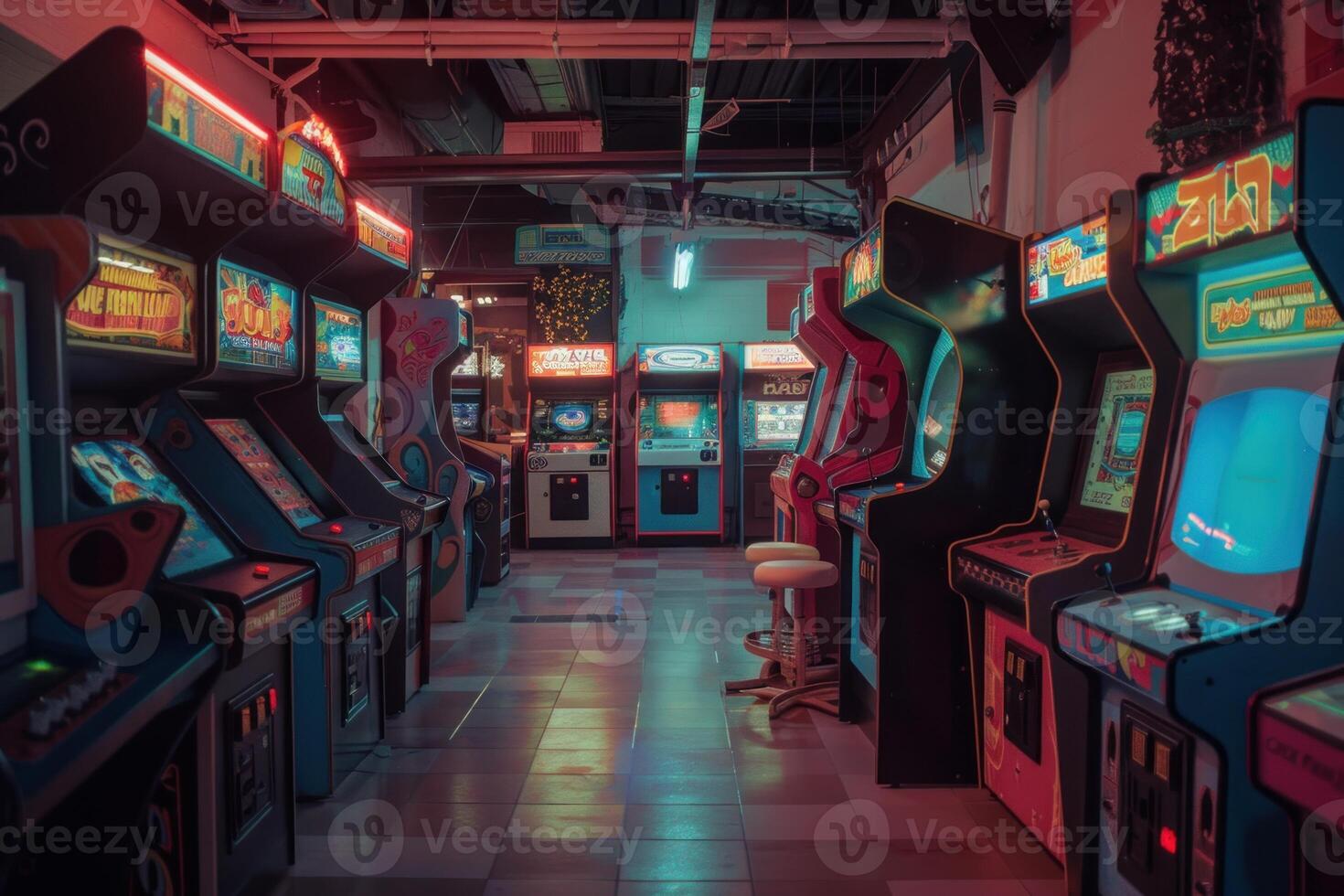Empty vintage arcade with classic arcade games machines photo