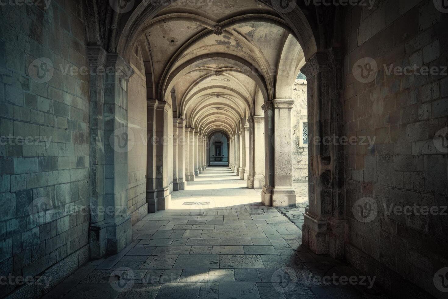 Sunlight illuminating ancient stone archway corridor photo