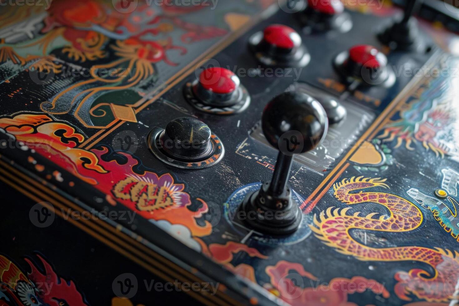 Close up of buttons and joystick on vintage arcade game console featuring dragons photo