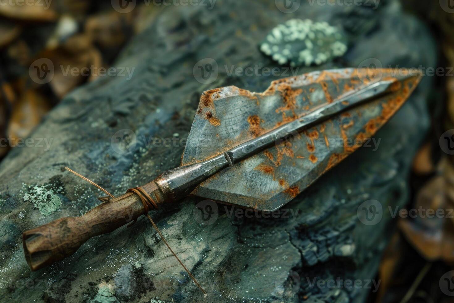 Rusty medieval arrowhead lying on a rock in the forest photo