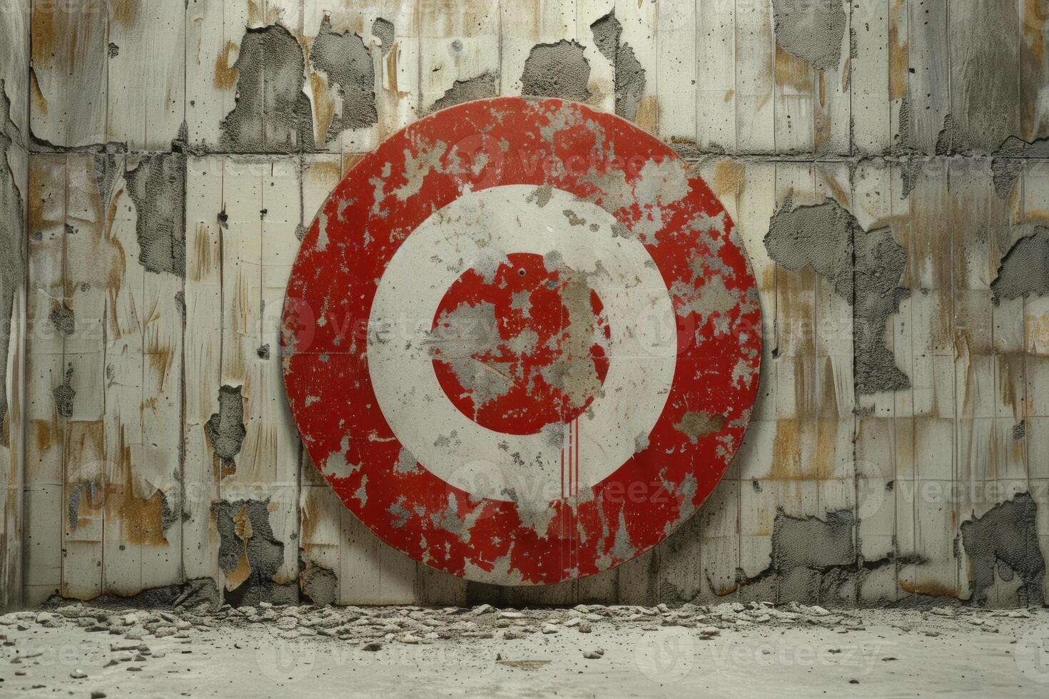 Old weathered target hanging on a crumbling concrete wall photo
