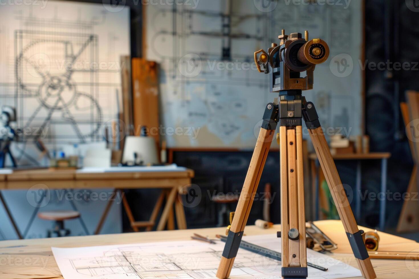 Vintage surveying theodolite on tripod standing on blueprint in architect office photo