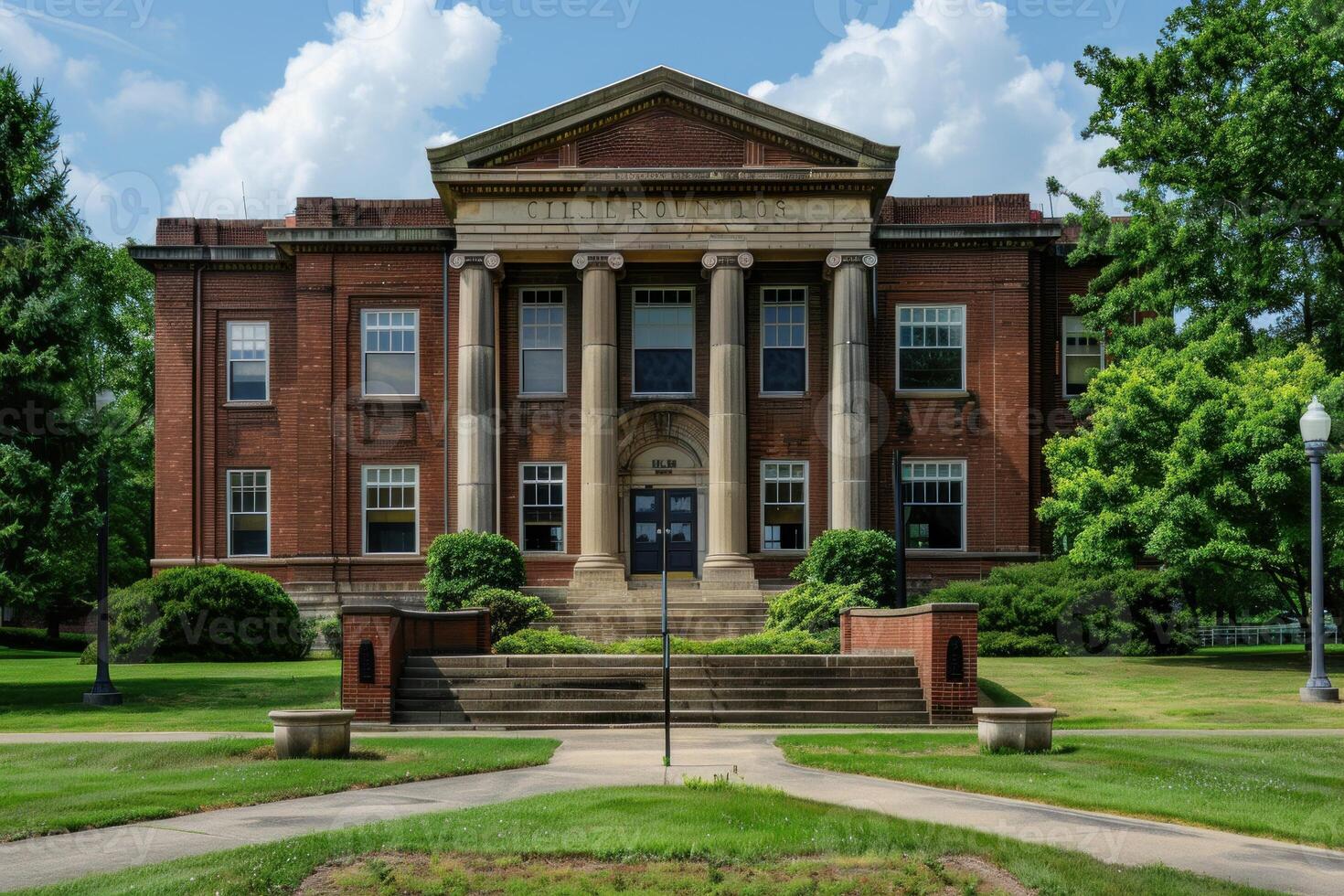 Majestic traditional university building standing on a green lawn photo