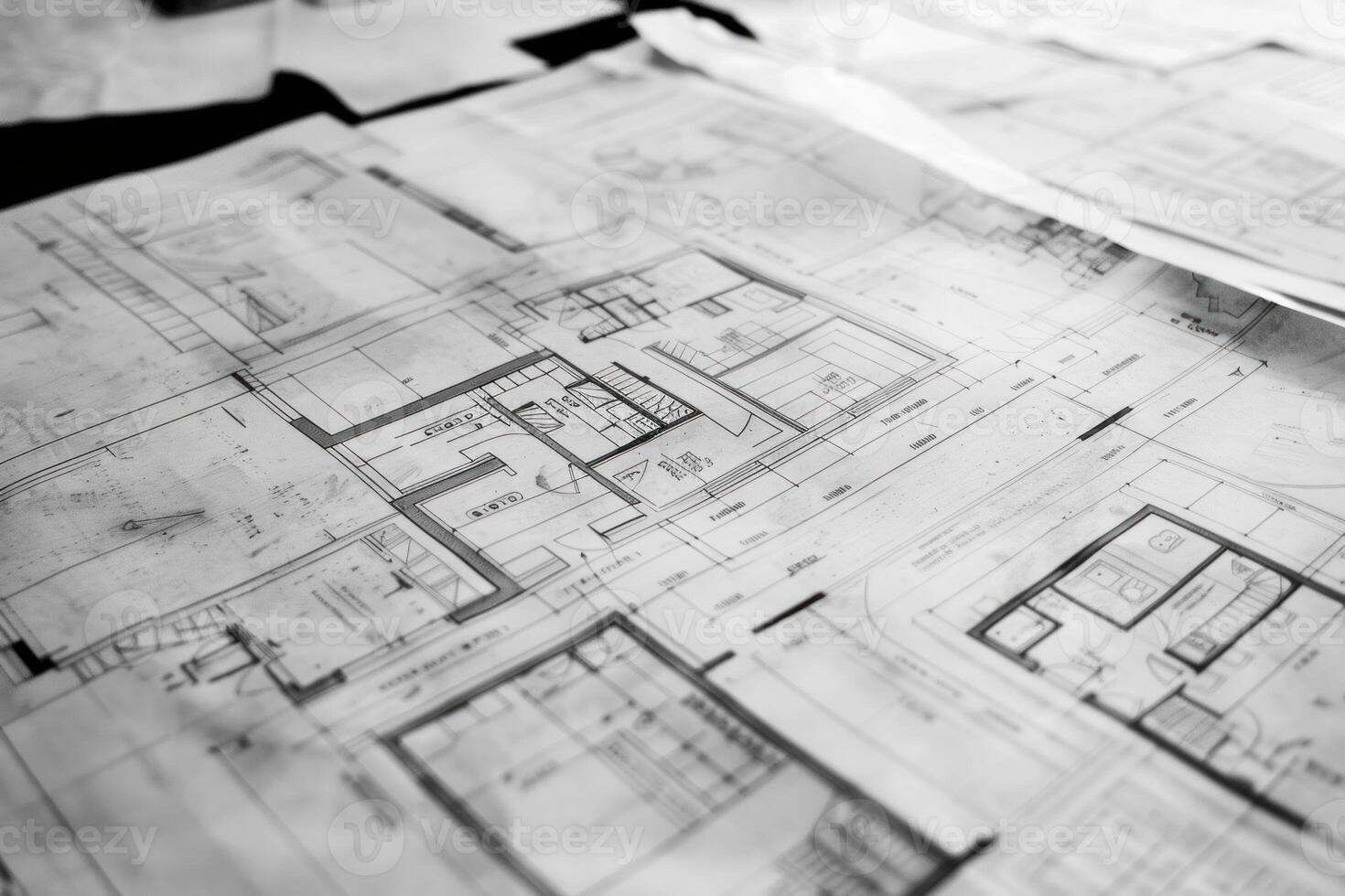 Architectural blueprints showing various floor plans being reviewed photo