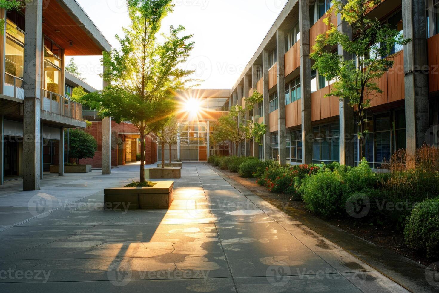 Sun shining on modern school building with trees photo